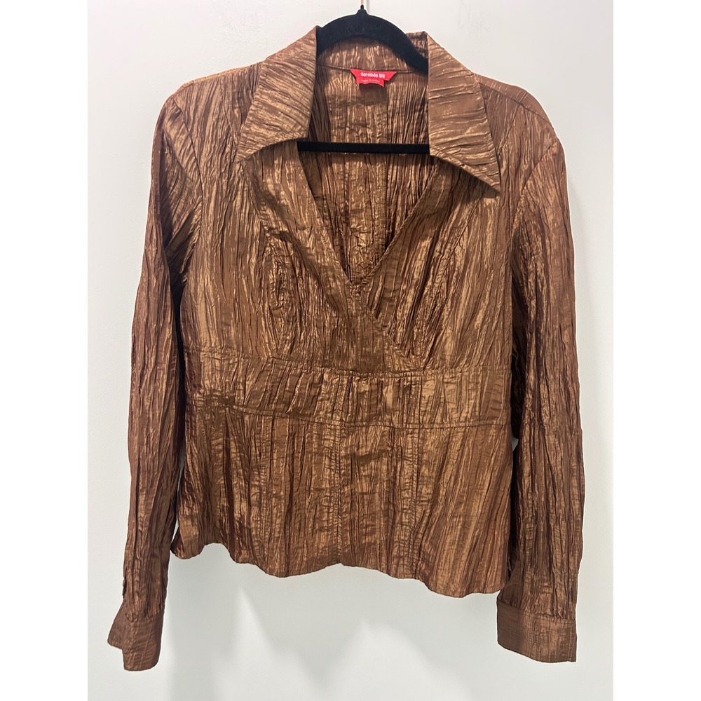 Dorothée Bis Bronze Metallic Crinkle Pleated V-Neck Long Sleeve Blouse Top M